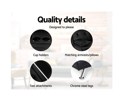 TERRAN PU LEATHER 3 SEATER SOFA BED RECLINER LOUNGE - BLACK