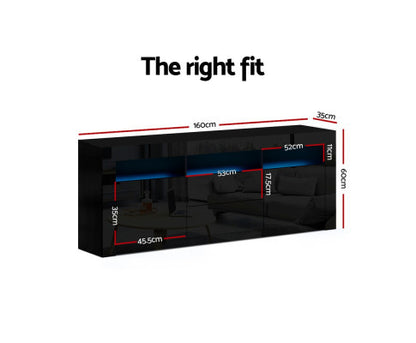 HAMILTON TV CABINET ENTERTAINMENT UNIT WITH RGB LED - 600(H) X 1600(W) X 350(D) - HIGH GLOSS BLACK