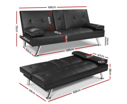 TERRAN PU LEATHER 3 SEATER SOFA BED RECLINER LOUNGE - BLACK