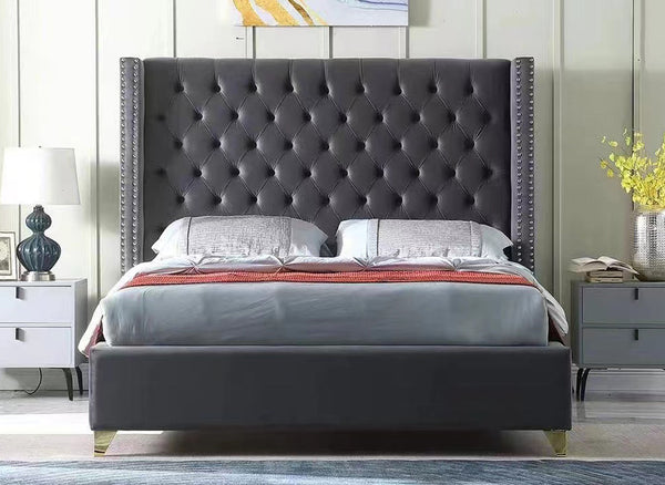QUEEN SAFFORD VELVET FABRIC FANCY BED WITH WINGS - AS PICTURED