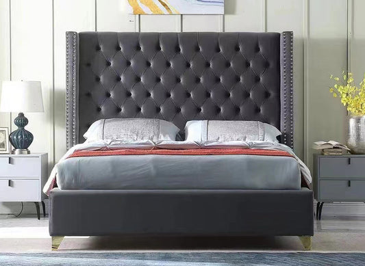 King Safford Velvet Fabric Fancy Bed - As Pictured