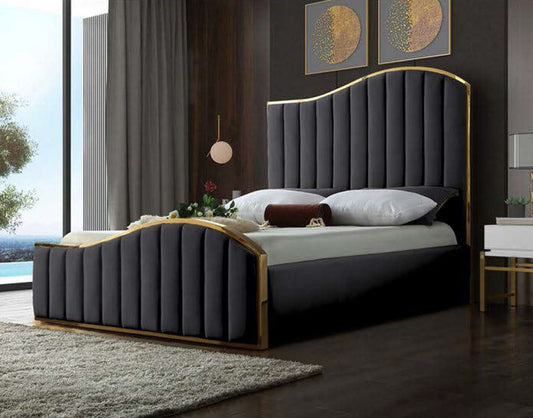 QUEEN BENICIA LEATHERETTE / LINEN / VELVET FANCY BED WITH METAL BEDHEAD FRAME - ASSORTED COLOURS