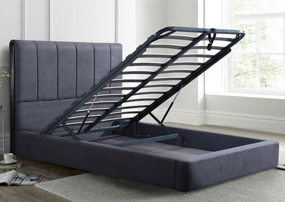 KING SACRAMENTO LEATHERETTE / LINEN / VELVET GAS LIFT BED  - ASSORTED COLOURS