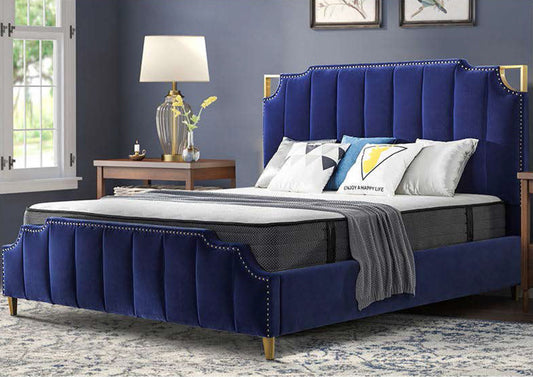 QUEEN SOLANO LEATHERETTE / LINEN / VELVET FANCY BED WITH METAL BEDHEAD FRAME - ASSORTED COLOURS
