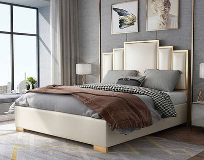 KING TIBURON LEATHERETTE / LINEN / VELVET FANCY BED WITH METAL BEDHEAD FRAME - ASSORTED COLOURS
