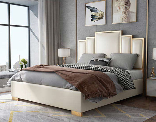 QUEEN TIBURON LEATHERETTE / LINEN / VELVET FANCY BED WITH METAL BEDHEAD FRAME - ASSORTED COLOURS