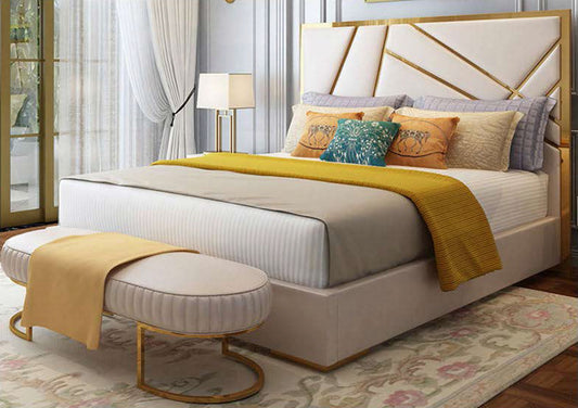 QUEEN BILSEN LEATHERETTE / LINEN / VELVET FANCY BED WITH METAL BEDHEAD FRAME - ASSORTED COLOURS