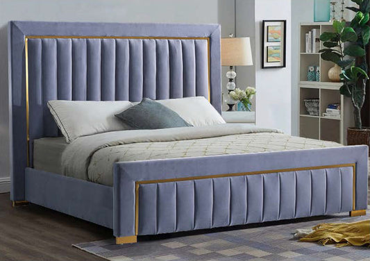 QUEEN FRANCISCO LEATHERETTE / LINEN / VELVET FANCY BED WITH METAL BEDHEAD FRAME - ASSORTED COLOURS