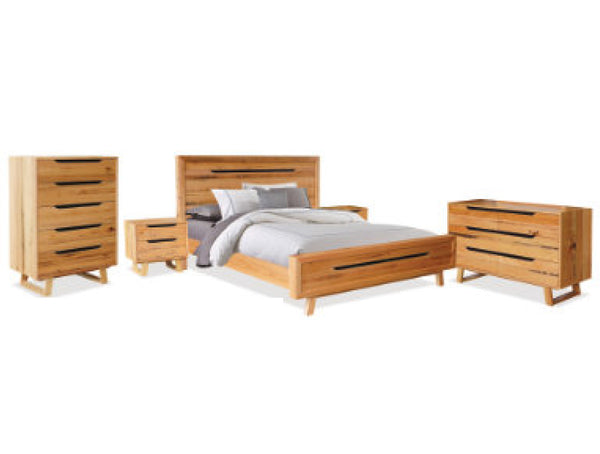 HERRERA KING 5 PIECE (DRESSER) BEDROOM SUITE - TASSIE OAK - ROUGH SAWN