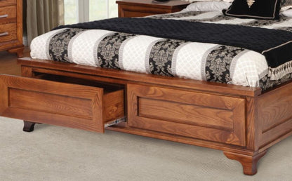 QUEEN CASSIDY  AMERICAN OAK BED FRAME WITH UPHOLSTERED BEDHEAD AND UNDERBED STORAGE (3-1-13-4-5-14) - OAK