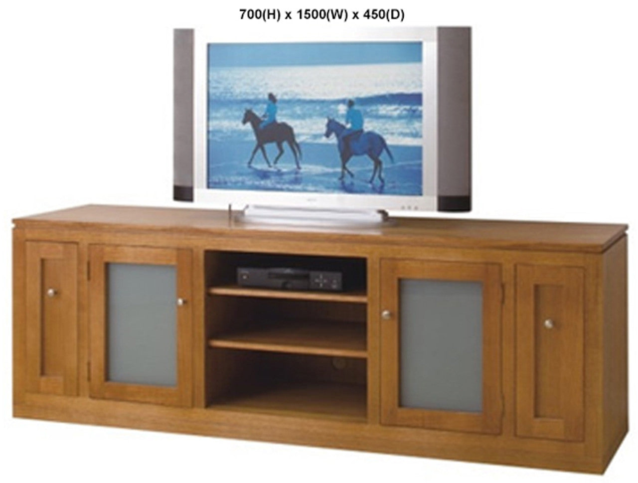 CAMEO (AUSSIE MADE) 2 DOOR STRAIGHT BASE LOWLINE TV UNIT WITH 2 DVD PULLOUTS GLASS COLLECTION - TASSIE OAK COMBINATION - ASSORTED STAINED COLOURS - STARTING FROM $1399