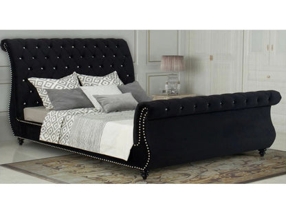 KING  CANNES DESIGNERS FABRIC UPHOLSTERED BED FRAME WITH TUFTED HEADBOARD -  BLACK