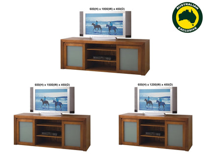 CARRIE (AUSSIE MADE) 2 DOOR LOWLINE TV UNIT WITH GLASS COLLECTION - TASSIE OAK COMBINATION - ASSORTED STAINED COLOURS - STARTING FROM $1099