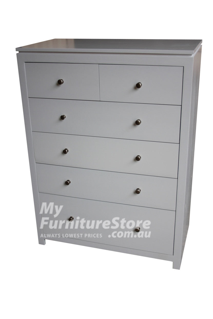 CELINE (AUSSIE MADE) 6 DRAWER TALLBOY WITH HANDLES - 1300(H) X 900(W) - ASSORTED COLOURS (PICTURED IN WHITE)