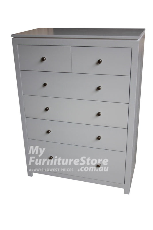 CELINE (AUSSIE MADE) 6 DRAWER TALLBOY WITH HANDLES - 1300(H) X 900(W) - ASSORTED COLOURS (PICTURED IN WHITE)