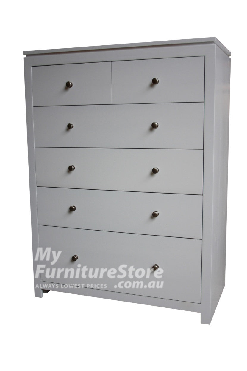 CELINE (AUSSIE MADE) 6 DRAWER TALLBOY WITH HANDLES - 1300(H) X 900(W) - ASSORTED COLOURS (PICTURED IN WHITE)