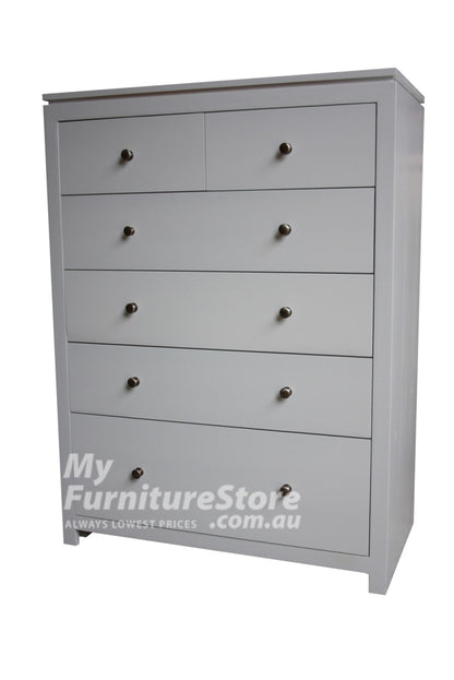 CELINE (AUSSIE MADE) 6 DRAWER TALLBOY WITH HANDLES - 1300(H) X 900(W) - ASSORTED COLOURS (PICTURED IN WHITE)