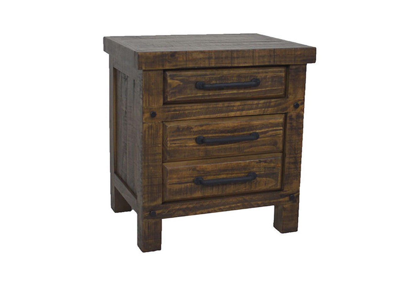 CHRISTINE 3 DRAWERS RECYCLED TIMBER BEDSIDE TABLE - AGED ROUGH SEWN
