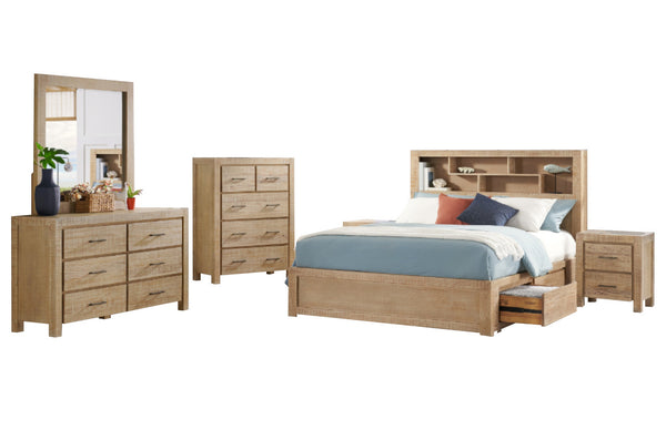 CLAYTON QUEEN 4 PIECE (TALLBOY) BEDROOM SUITE WITH BOOKCASE BEDHEAD AND 4 DRAWERS - BRUSHBOX
