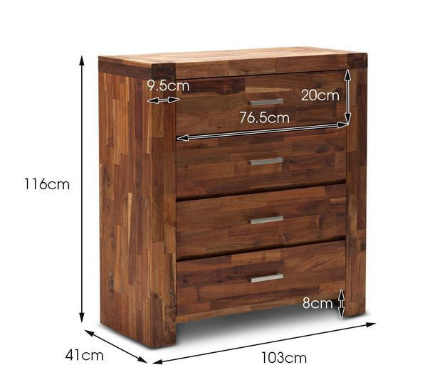 Phillipe 4 Drawer Hardwood Acacia Tallboy - 1130(H) X 460(W) - Java Rustic