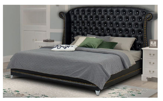 QUEEN VALENCE DESIGNERS LEATHERETTE UPHOLSTERED BED FRAME WITH TUFTED HEADBOARD -  BLACK