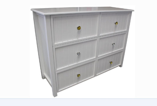 GEORGE DRESSER LOWBOY WITH 6 DRAWERS AND STANDARD WOODEN KNOBS (NOT AS PICTURED) -950(H) X 1300(W)- ASSORTED COLOURS (VIC ASH AND PINE OPTIONS ALSO AVAILABLE - PRICE ON APPLICATION) - CUSTOMISATION AVAILABLE