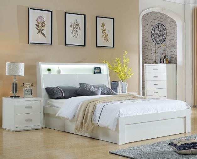 Chicago King 3 Piece Bedside Bedroom Suite With Storage Drawers Bed (LS-120 K) - High Gloss White