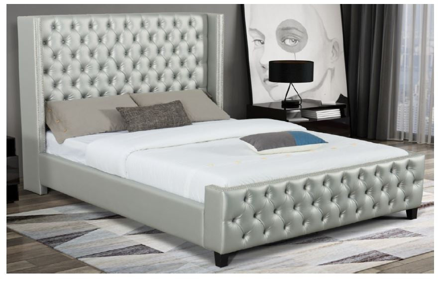 QUEEN LUXE DESIGNERS LEATHERETTE TUFTED  UPHOLSTERED BEDFRAME -  SILVER