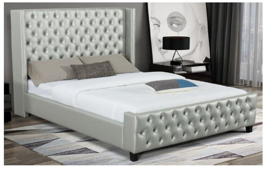 QUEEN LUXE DESIGNERS LEATHERETTE TUFTED  UPHOLSTERED BEDFRAME -  SILVER