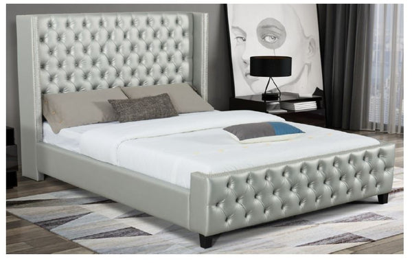 QUEEN LUXE DESIGNERS LEATHERETTE TUFTED  UPHOLSTERED BEDFRAME -  SILVER