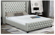 QUEEN LUXE DESIGNERS LEATHERETTE TUFTED  UPHOLSTERED BEDFRAME -  SILVER