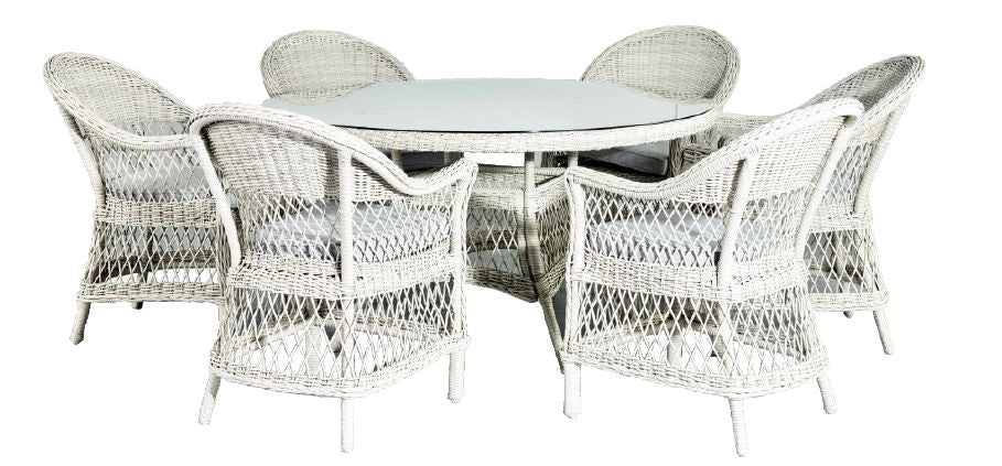 EVEREST WICKER 7 PIECE DINING SETTING WITH 1400(DIA) ROUND TABLE -  LIGHT GREY WICKER / GREY FABRIC CUSHIONS