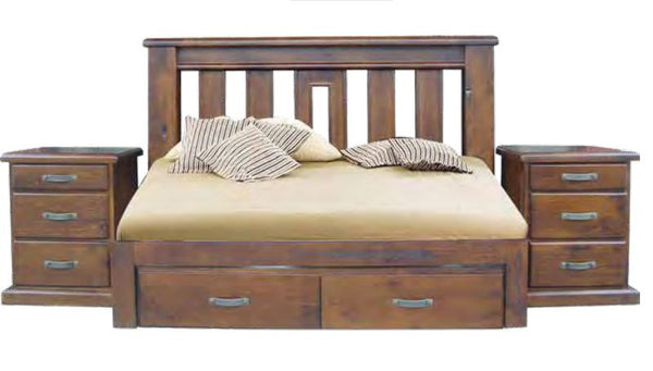 Mt. ISA QUEEN (2078) 3 PIECE BEDSIDE BEDROOM SUITE WITH 2 FOOTEND STORAGE DRAWERS - ROUGH SAWN