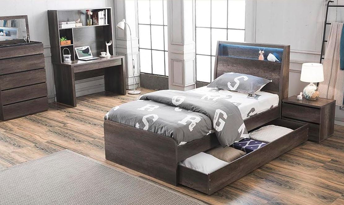 Keswick King Single Or Single 4 Piece Bedroom Suite (WITH MATCHING TRUNDLE) With Tallboy (16-8-15-20-15-14) - Charcoal Oak