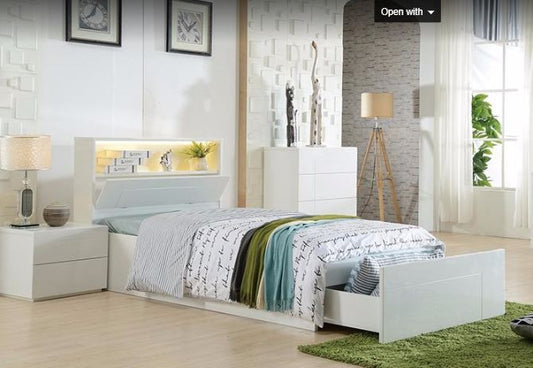 SINGLE EMERTON (MODEL 4-5-12-20-1) - SIDE OPEN GAS LIFT (REVERSIBLE) WITH END DRAWER STORAGE BED (MODEL:LS-081S) - HIGH GLOSS WHITE