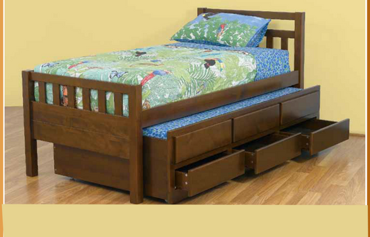 Single Jahed Captains Bed (11-18-21-26) With 3 Storage Drawers And Single Trundle - Walnut