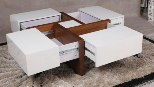 COLLINS 900(W)  X 900(D)  SQUARE COFFEE TABLE  - ( WD-209) - GLOSS WHITE / WALNUT