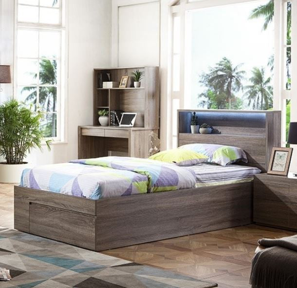King Single Emerton (MODEL 4-5-12-20-1) - Bed With Side Open Gas Lift (MODEL:LS-081S) - Mocha Oak