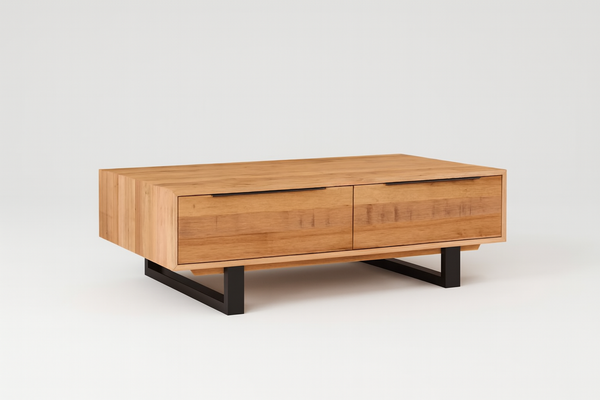 SMYTHSDALE 2 DRAWER COFFEE TABLE - 400(H) x 1200(W) x 670(D) - TASSIE OAK - ROUGH SAWN