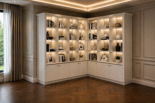 Bennette L Shape Aussie Made 7 Doors Bookcase - 2100(H) X 2400/1800(W) X 290(D) - Assorted Stained Colours