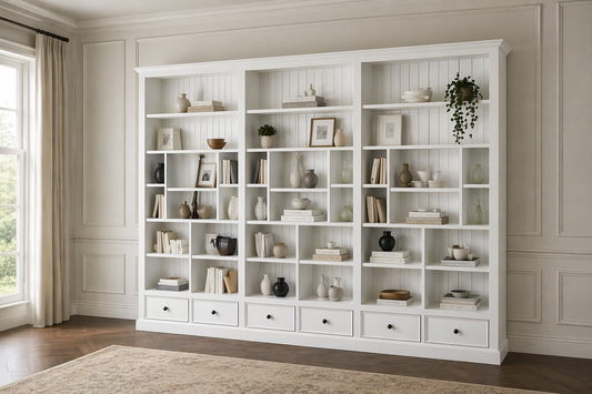 Heraldy (AUSSIE MADE) Highline With 36 Shelves / 6 Drawers - 2100(H) X 3600(W) - 3 Sections - Pigeon Paired Bookcase - Assorted Stained Colours