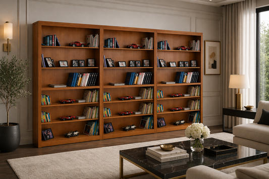 Tina Standard Bookcase (AUSSIE MADE) With Grooved Top & Smooth Back - 2100(H) X 3600(W) - Tassie Oak Combination (3 SECTIONS) - Assorted Stained Colours