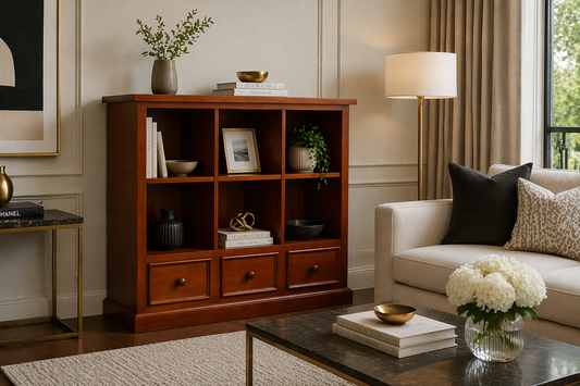 Huon Thick Top (AUSSIE MADE) Cube Lowline Bookcase With Picture Frames Drawers Collection - Assorted Stained Colours