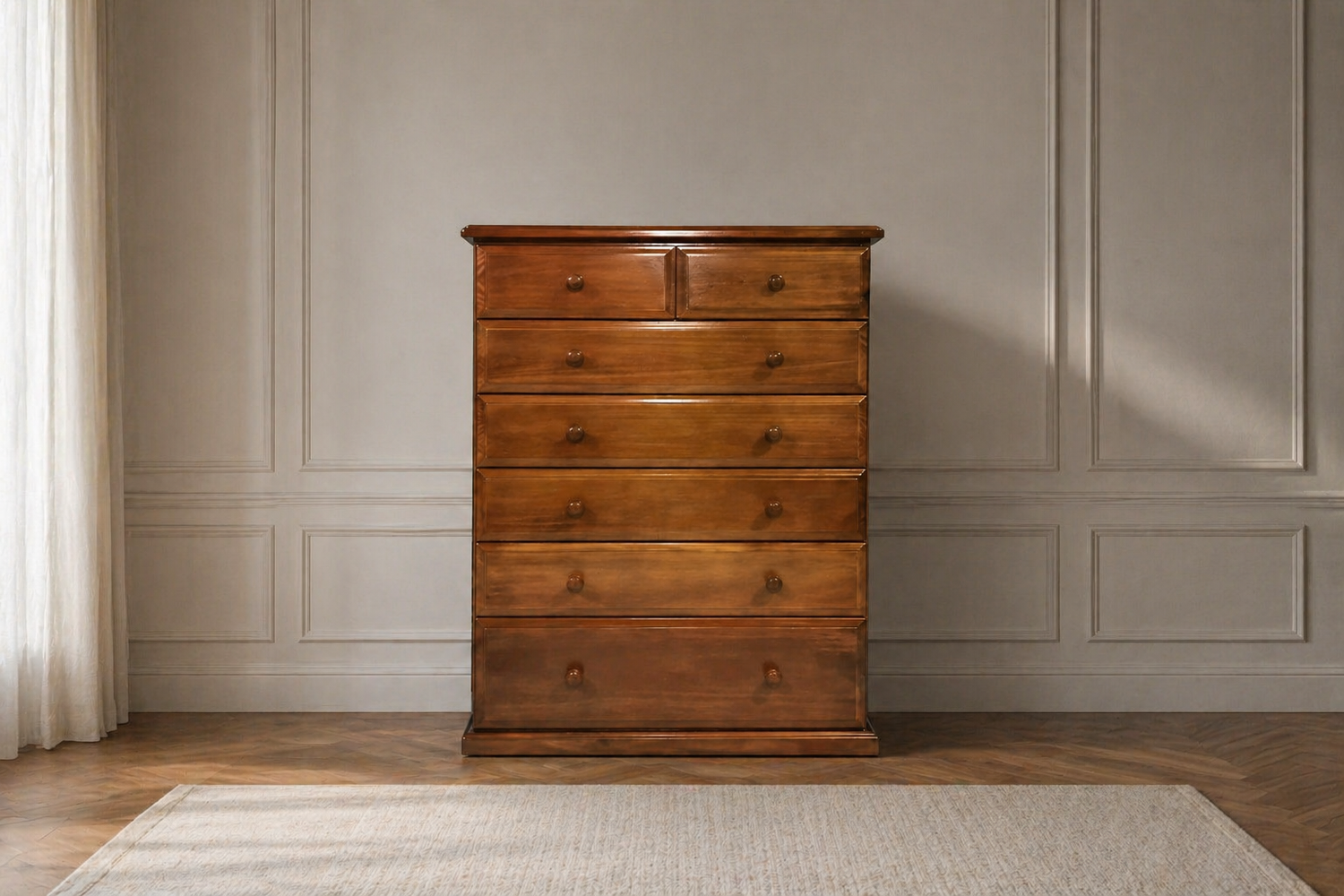 York (AUSSIE MADE) 7 Drawer (TOP SPLIT) Tallboy - 1300(H) X 900(W) - Assorted Stained Colours