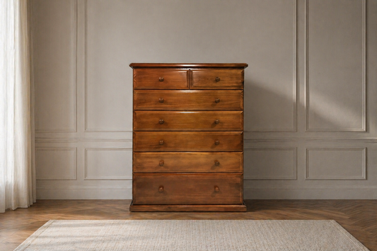York (AUSSIE MADE) 7 Drawer (TOP SPLIT) Tallboy - 1300(H) X 900(W) - Assorted Stained Colours