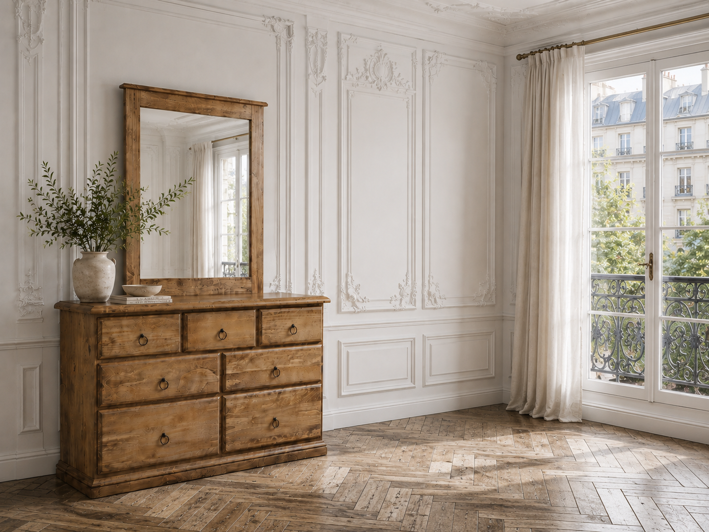 Cronulla (CR4837) 7 Drawer Lowboy / Dresser With Mirror - 720(H) X 1210(W) - Baltic , Walnut Or Greywash