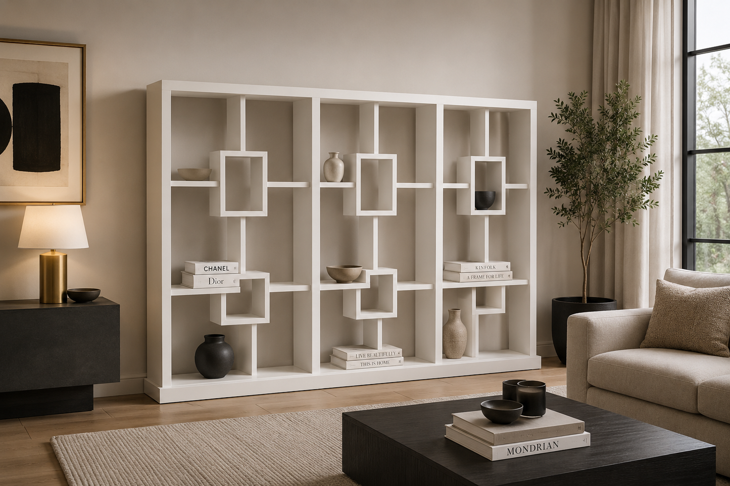 Puncho Bookcase / Room Divider + 6 Box In The Middle - 1800(H) X 2700(W) X 280(D) - 3 Section - Pigeon Paired - Assorted Painted Colours