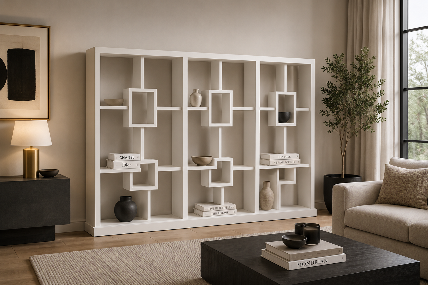 Puncho Bookcase / Room Divider + 6 Box In The Middle - 1800(H) X 2700(W) X 280(D) - 3 Section - Pigeon Paired - Assorted Painted Colours