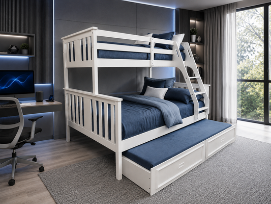 Veloz Single Over Double (TRIO) Bunk Bed With Matching Deluxe Teenage Trundle Bed - Bright Satin White (SNOW)