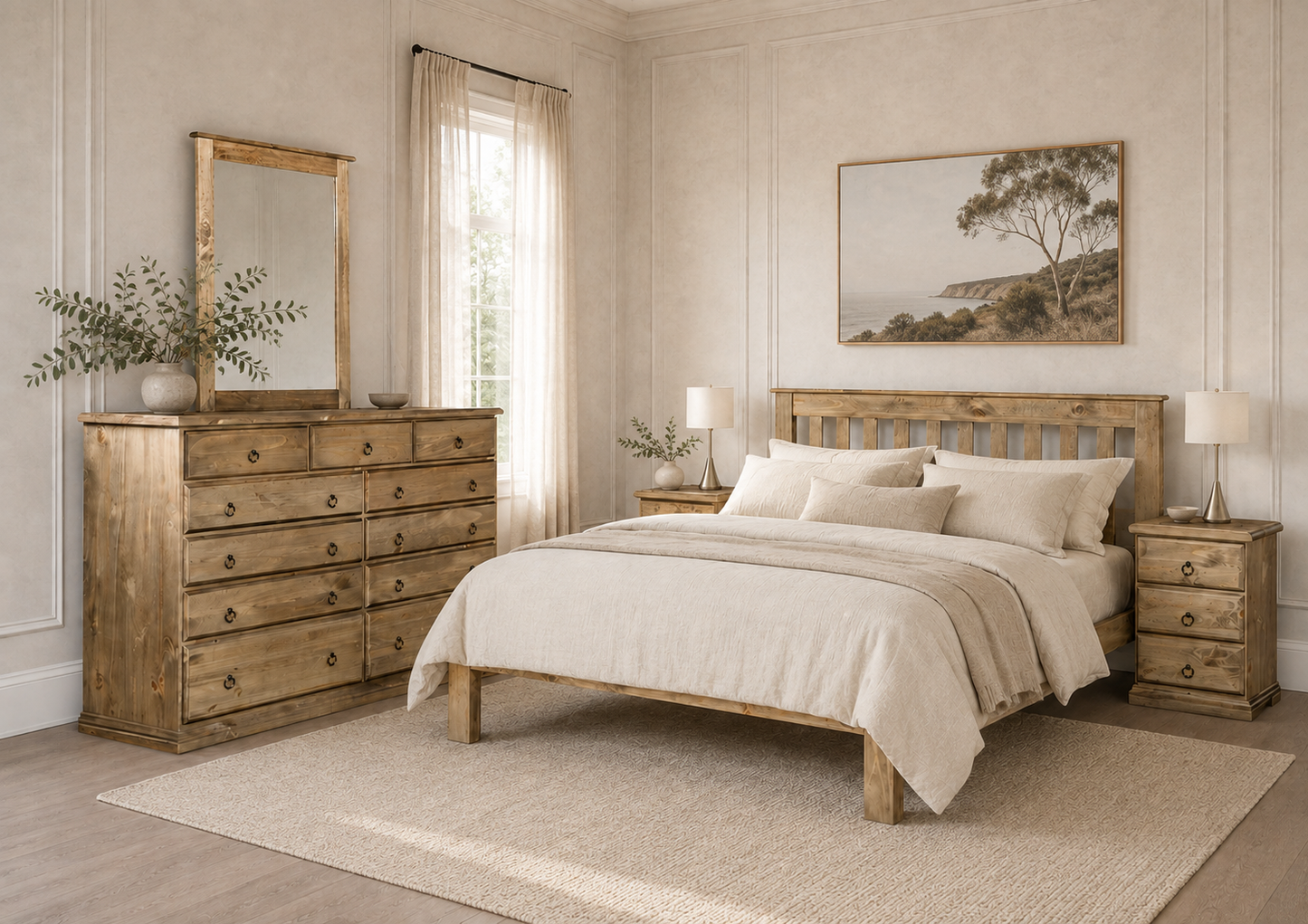 Cronulla Double Or Queen 5 Piece (DRESSER) Bedroom Suite - Bed With Doona Foot - Baltic (#215) , Walnut (#219) Or Grey Wash (#501)